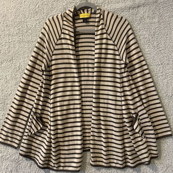 St. John Sweaters - St. John Duster Cardigan Sweater Women 2 P Brown Striped Open Front Knit Pockets